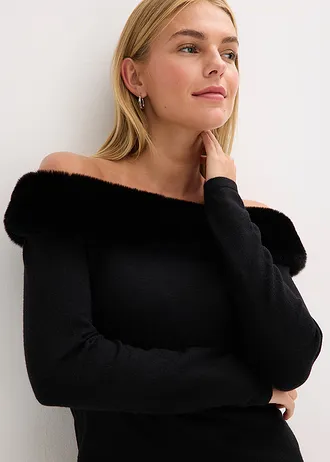 Rochie tricotată cu garnitură din imitație de blană • negru • magazin bonprix
