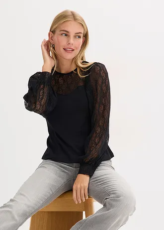 T-shirt manches longues à dentelle • noir • Boutique bonprix