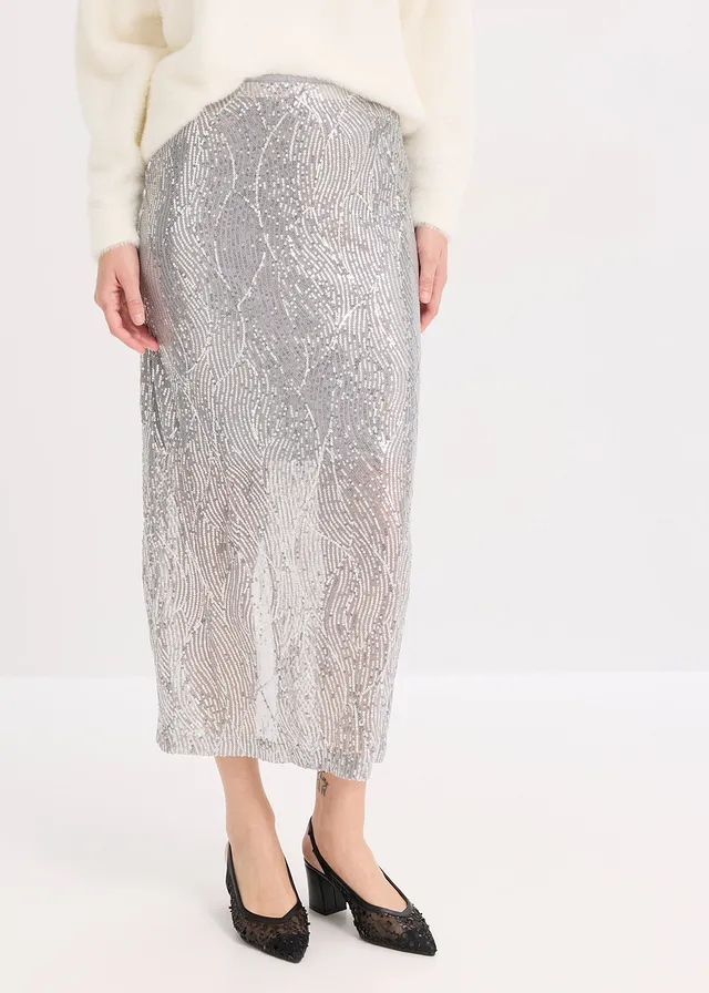 Jupe midi à sequins, Couleur: argenté