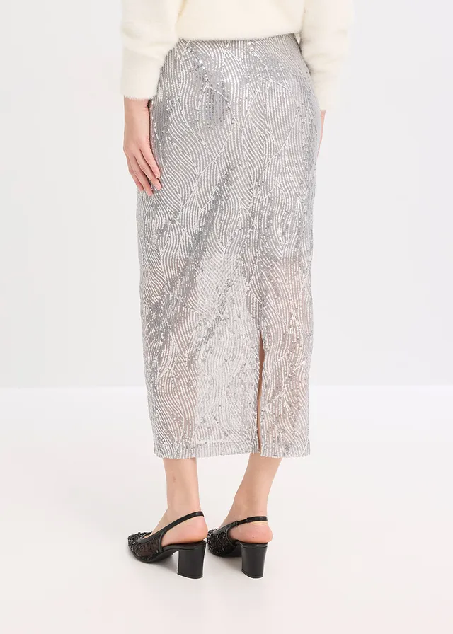 Jupe midi à sequins, Couleur: argenté