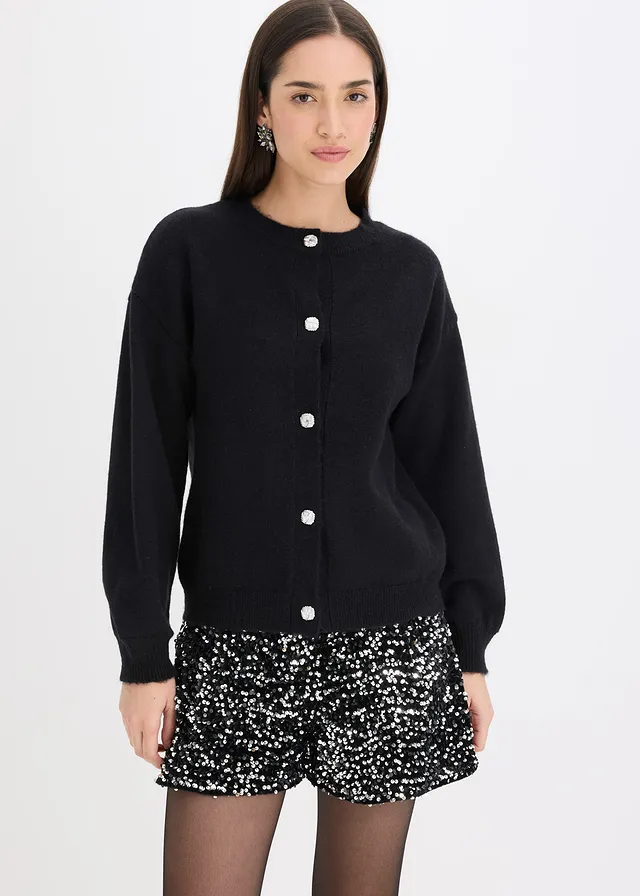 Gilet en maille à boutons décoratifs, Couleur: noir