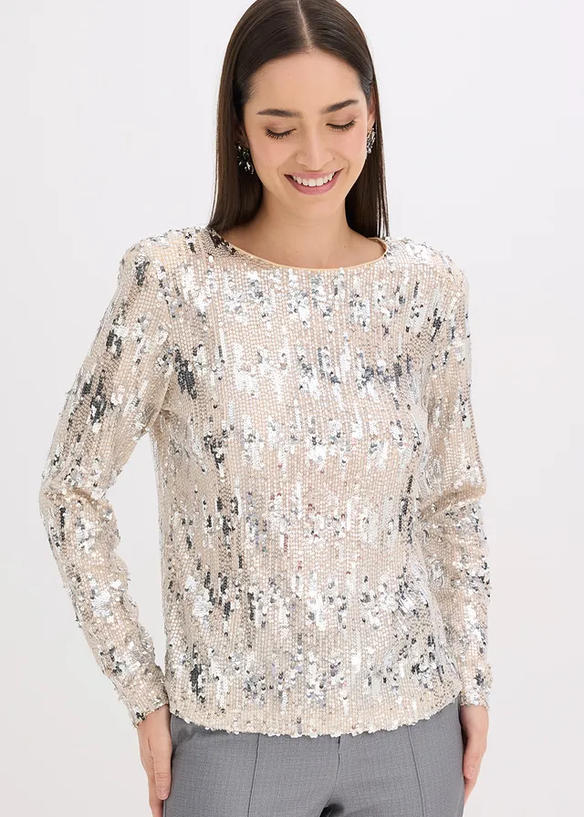 Longsleeve met pailletten, Kleur: beige/zilverkleur