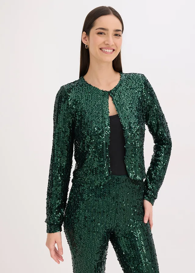Lange jas met pailletten, Kleur: diepgroen