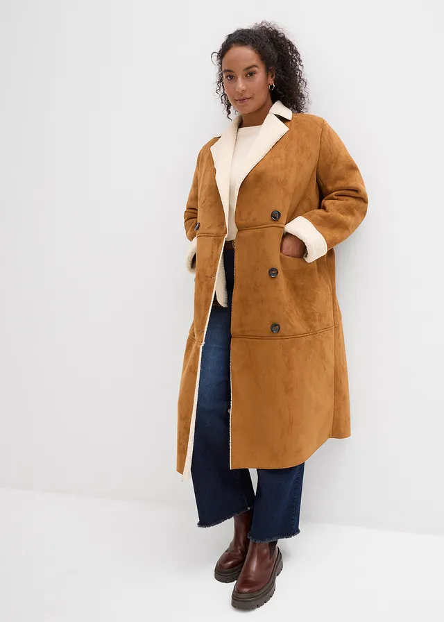 Lange imitatieleren jas met warme teddy voering, Kleur: cognac-natuurbeige