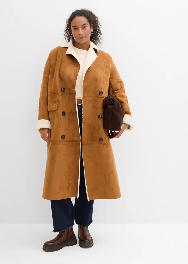 Lange imitatieleren jas met warme teddy voering, Kleur: cognac-natuurbeige