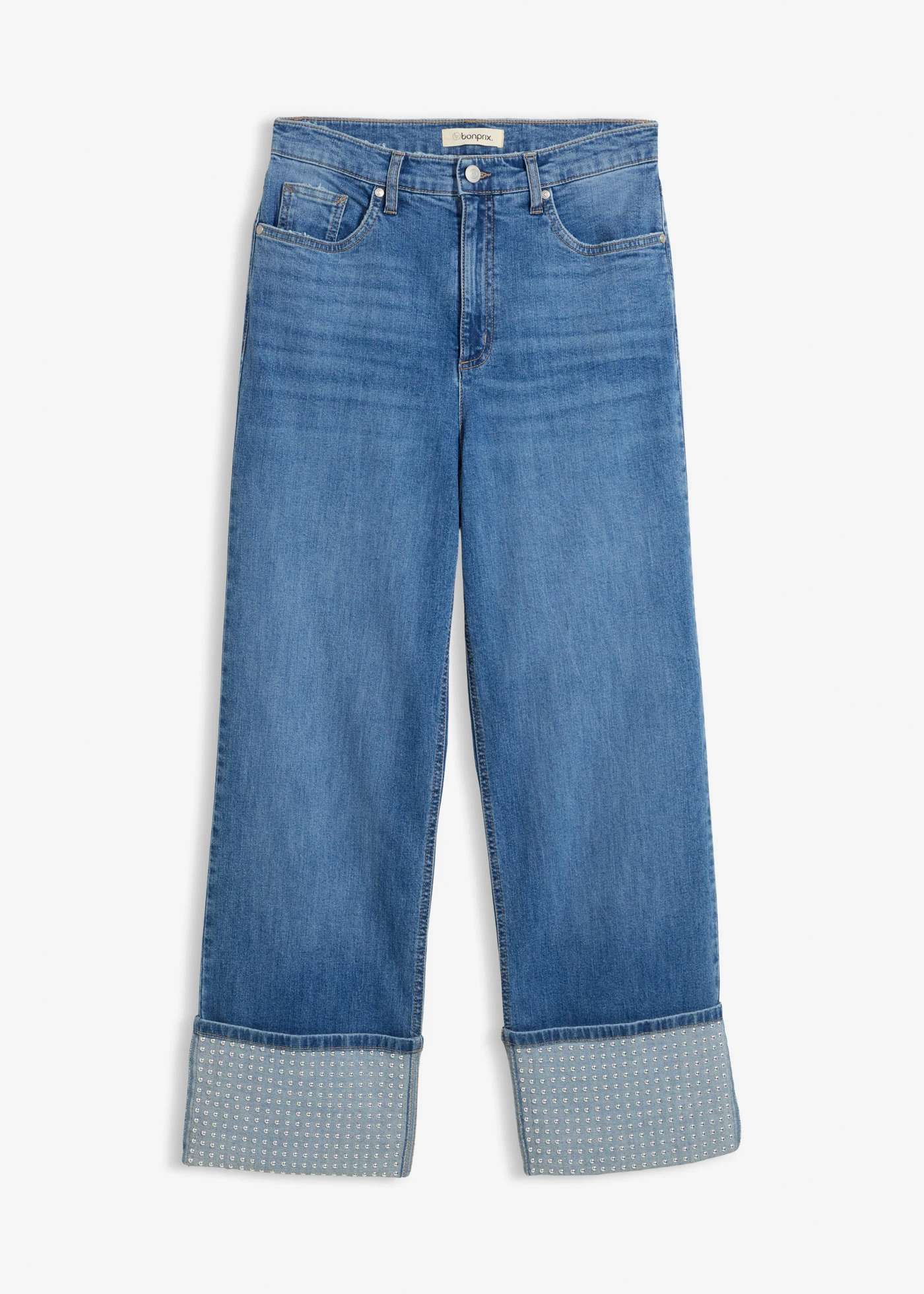 Straight farmer, High Waist, felhajtható szárral • középkék denim, használt hatású • bonprix áruház