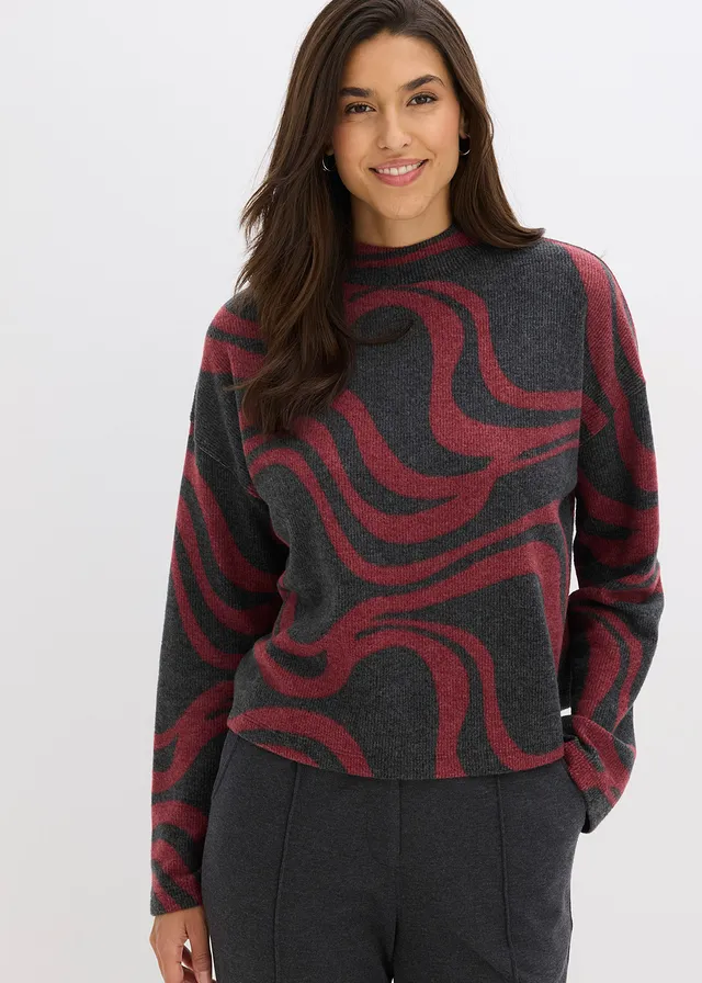 Zacht, geribd shirt • rood-grijs gemêleerd met grafische print • bonprix online shop