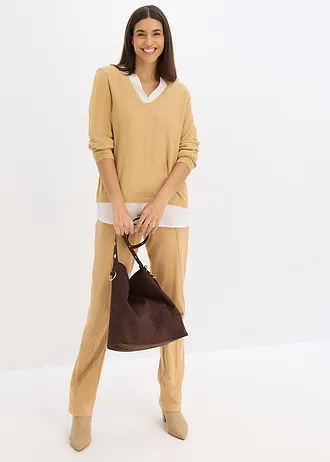 Fijngebreide trui met blouse-inzet, Kleur: cappuccino/wit