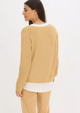 Fijngebreide trui met blouse-inzet, Kleur: cappuccino/wit