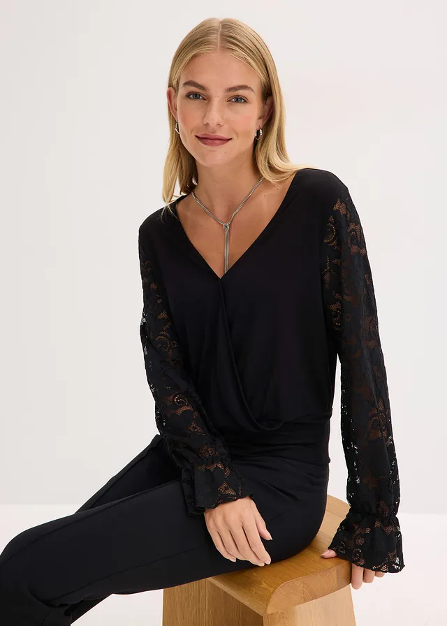 Bluză cu mâneci lungi cu dantelă • negru • magazin bonprix