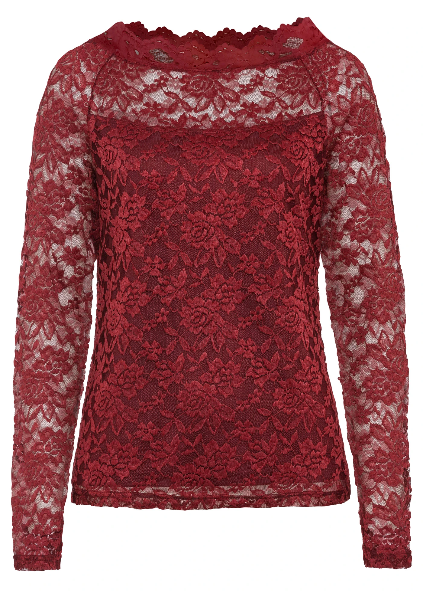 Kanten longsleeve • robijnrood • bonprix online shop