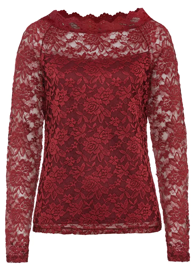 T-shirt manches longues en dentelle, Couleur: rouge rubis