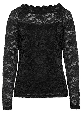 Kanten shirt met lange mouwen, Kleur: zwart