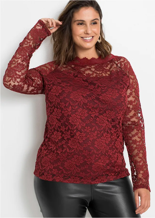 T-shirt manches longues en dentelle, Couleur: rouge rubis