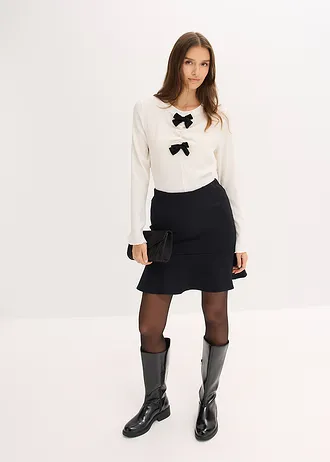 Longsleeve van gestructureerde crêpe, Kleur: wolwit