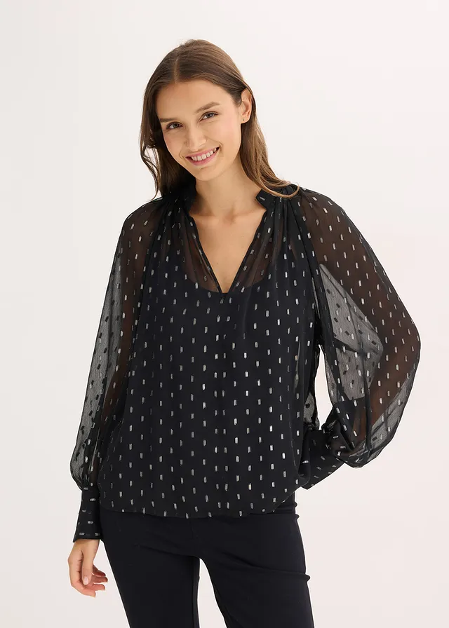 Transparante blouse, Kleur: gestipt zwart/zilverkleur