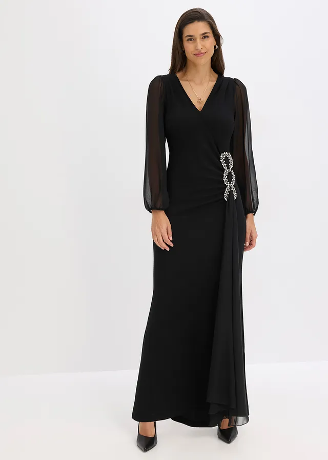Maxi jurk met strass applicatie, Kleur: zwart