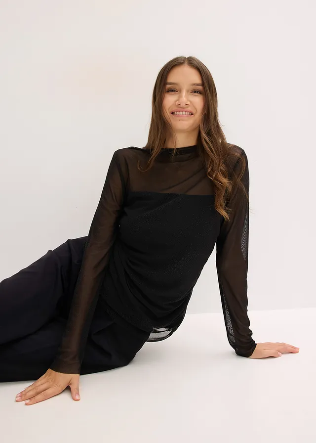 Bluză cu mâneci lungi din plasă fină • negru • magazin bonprix