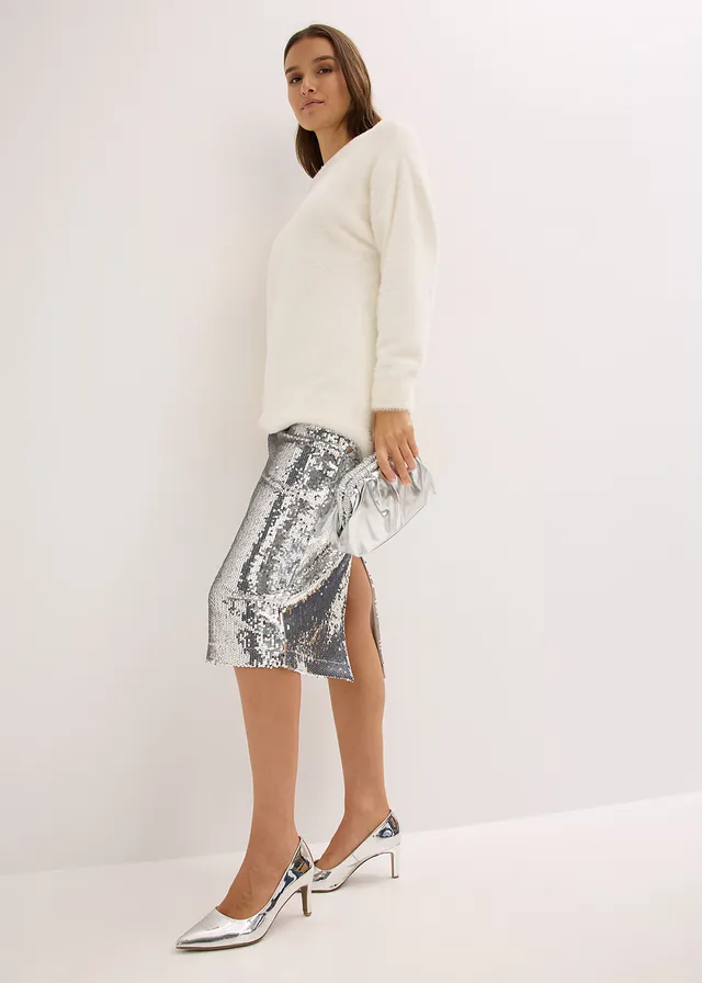 Jupe midi à sequins, Couleur: argenté