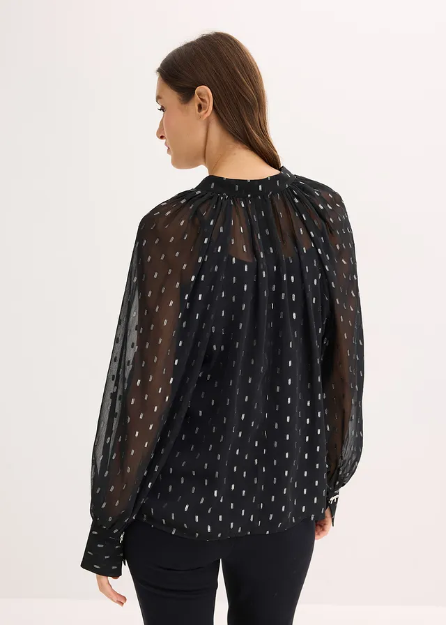 Transparante blouse, Kleur: gestipt zwart/zilverkleur