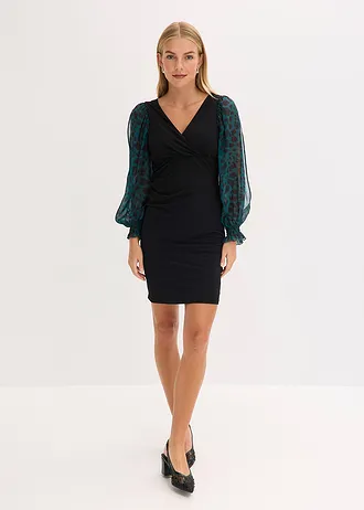 Přiléhavé minišaty s prostřihy na rukávech • černo-zelená s leopardím potiskem • bonprix obchod