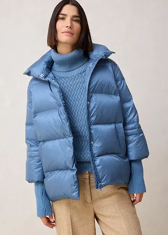 Geacă cu puf reciclat și mâneci din material tricotat, culoare: albastru-verde