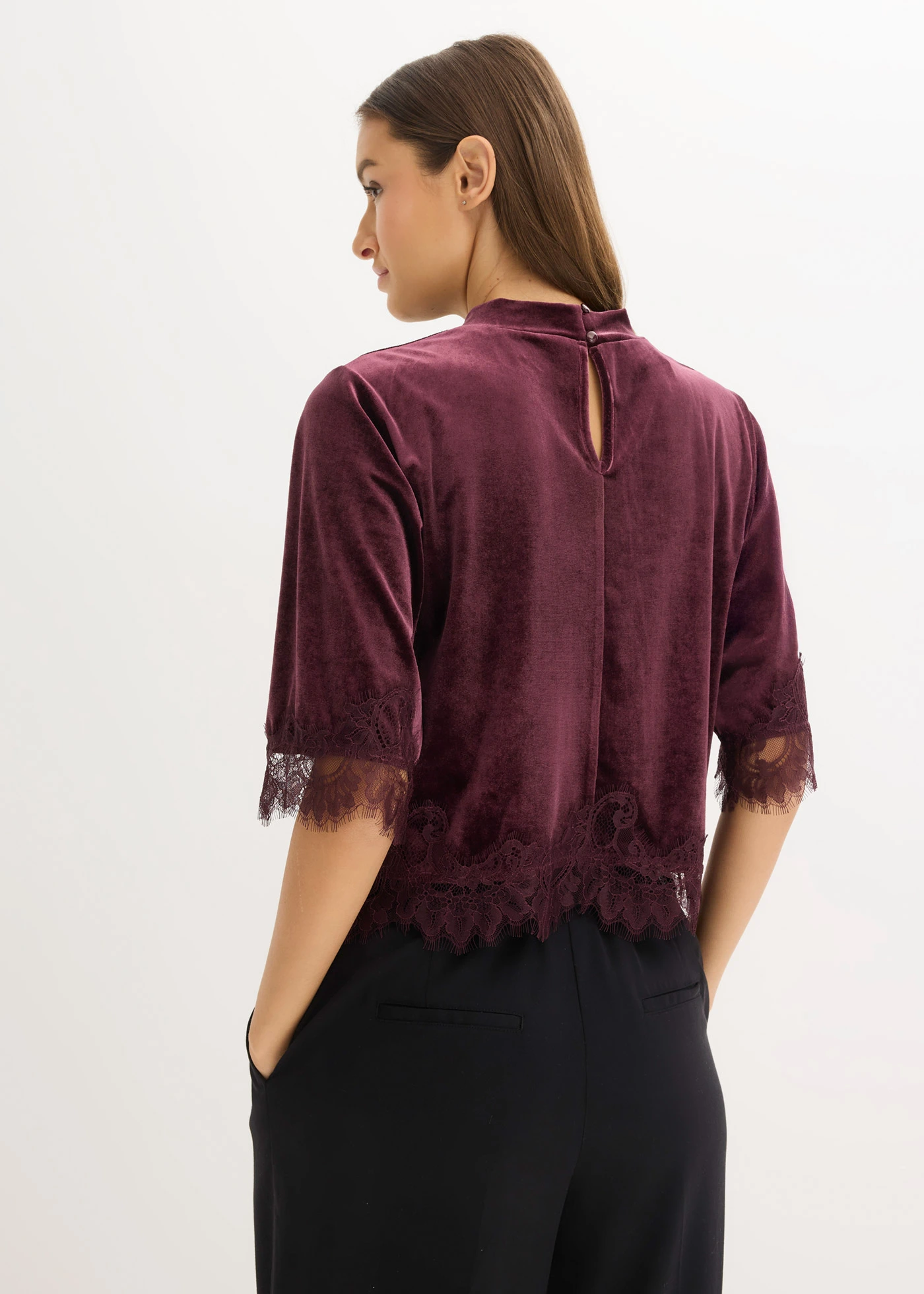 Shirt van fluweel met kant • wijnrood • bonprix online shop