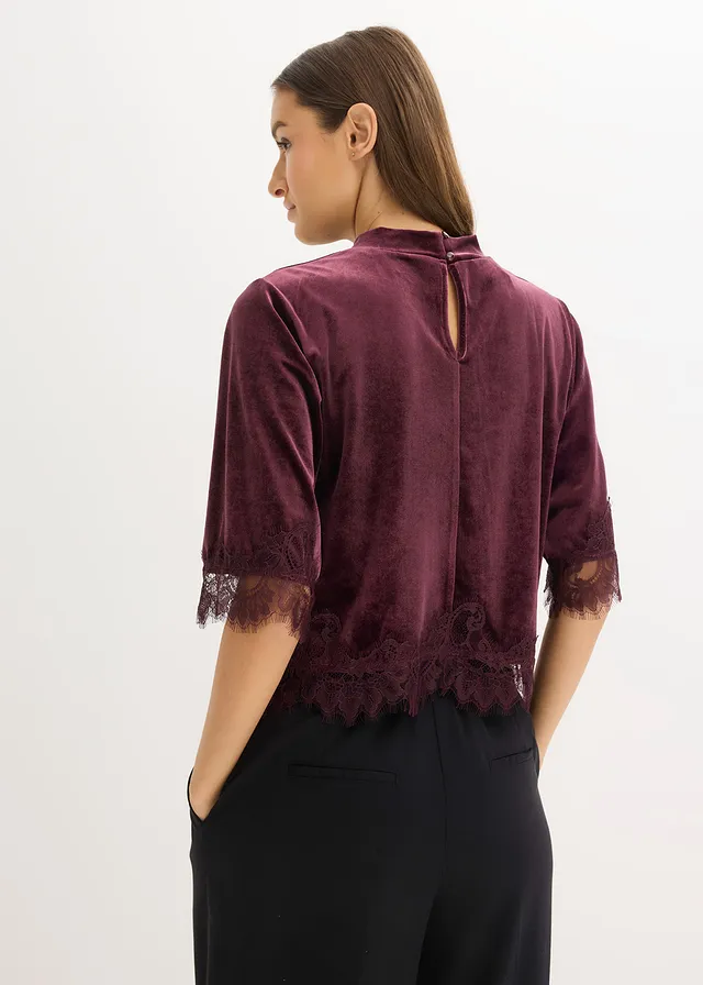 Shirt van fluweel met kant • wijnrood • product-page.page-title-suffix