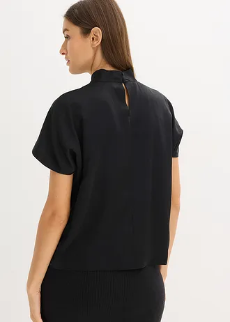 Elegante blouse met korte mouwen van glanzend satijn • zwart • bonprix online shop