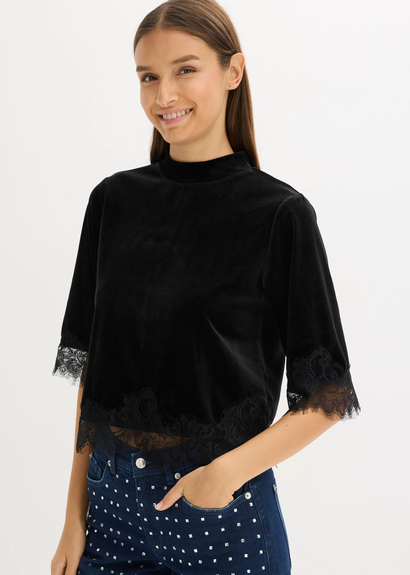 Shirt van fluweel met kant • zwart • bonprix online shop