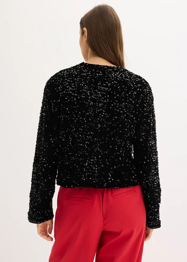Kort jasje met pailletten, Kleur: zwart