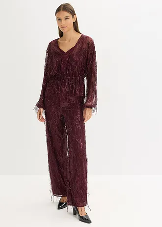 Paillettenblouse met franjes, Kleur: wijnrood