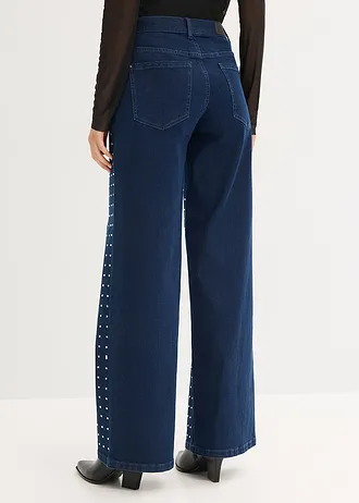 Wide leg jeans mid waist met strass, Kleur: blue stone