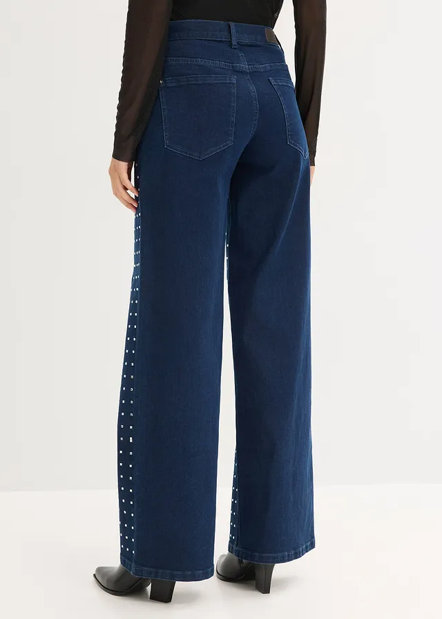 Jeansy z szerokimi nogawkami, mid waist, z aplikacją z kryształków • niebieski denim metallic • sklep bonprix