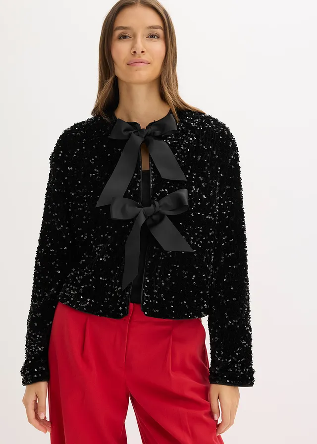Kort jasje met pailletten, Kleur: zwart