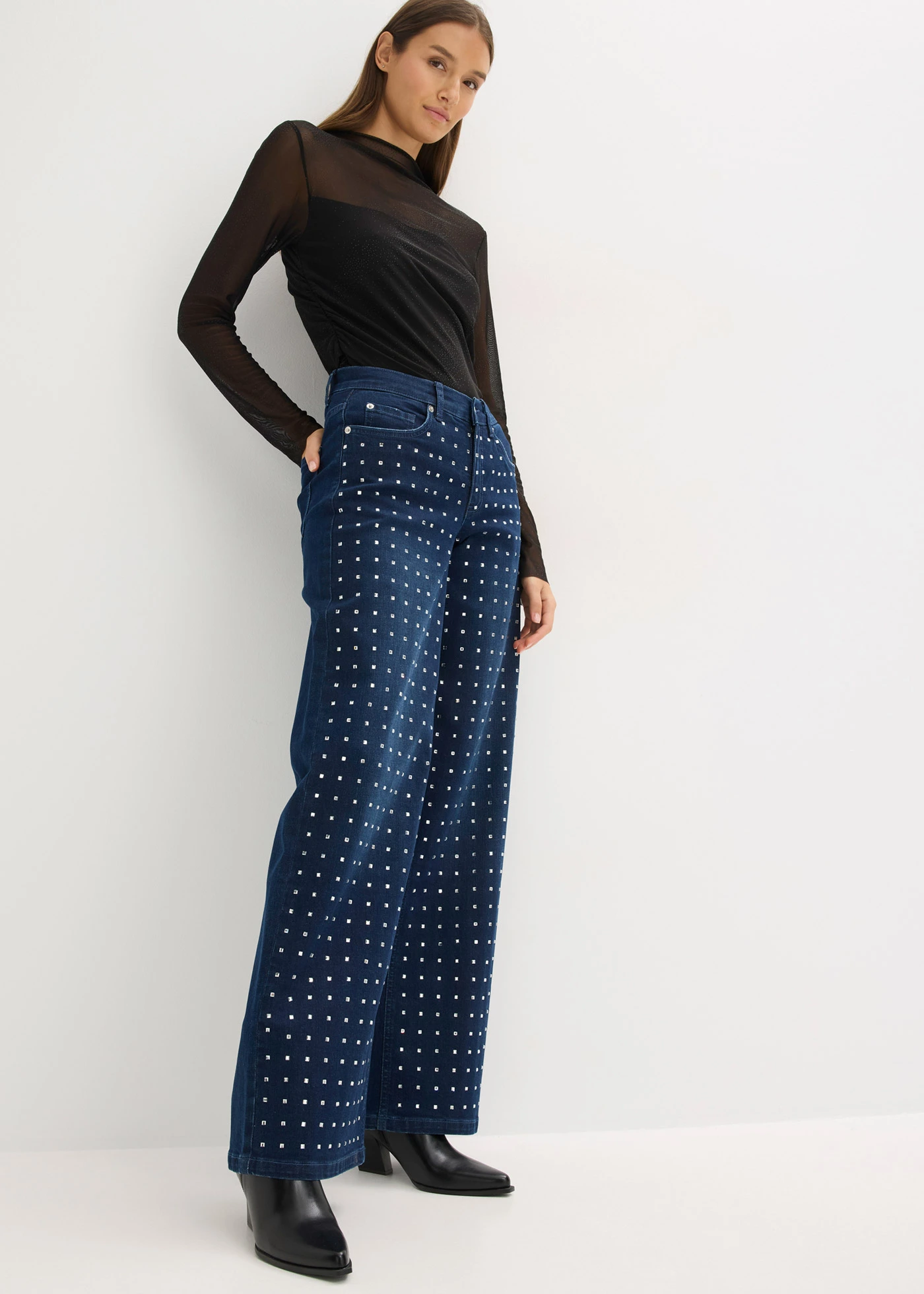 Jean large taille mi-haute avec strass • bleu denim métallisé • Boutique bonprix