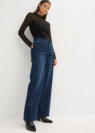 Jeansy z szerokimi nogawkami, mid waist, z aplikacją z kryształków • niebieski denim metallic • sklep bonprix