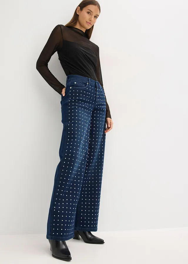Jeansy z szerokimi nogawkami, mid waist, z aplikacją z kryształków • niebieski denim metallic • sklep bonprix