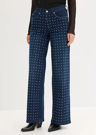 Džíny Wide Leg, Mid Waist s aplikací ze štrasových kamínků • modrý denim metalický • bonprix obchod