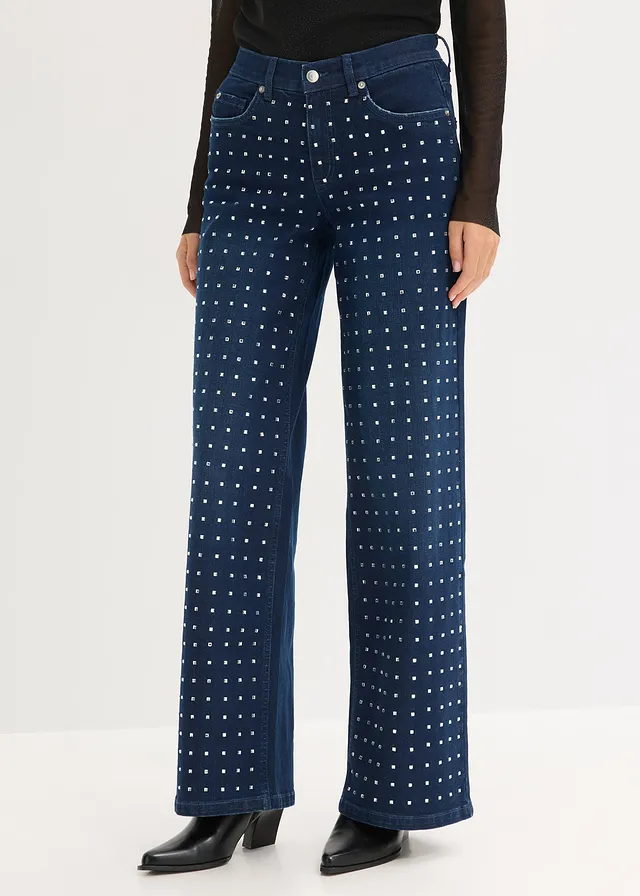 Jeansy z szerokimi nogawkami, mid waist, z aplikacją z kryształków • niebieski denim metallic • sklep bonprix