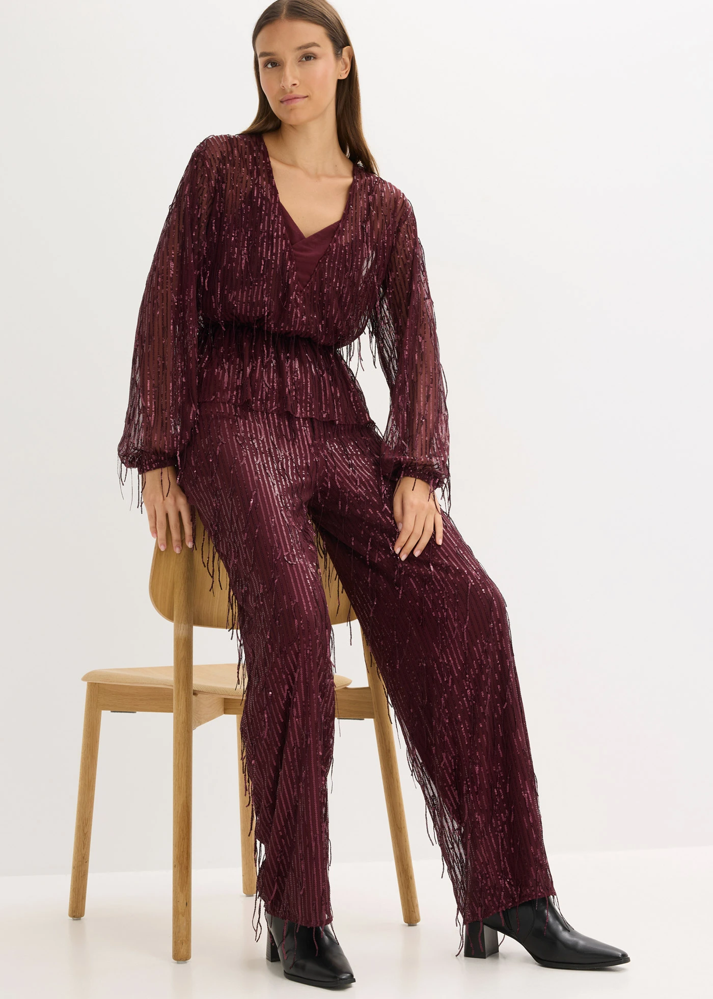 Pantalon à sequins et franges • bordeaux • Boutique bonprix