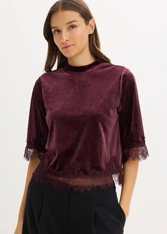 T-shirt en velours et dentelle, Couleur: bordeaux