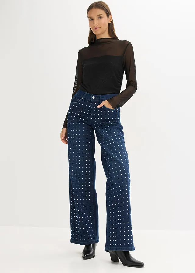 Jeansy z szerokimi nogawkami, mid waist, z aplikacją z kryształków • niebieski denim metallic • sklep bonprix