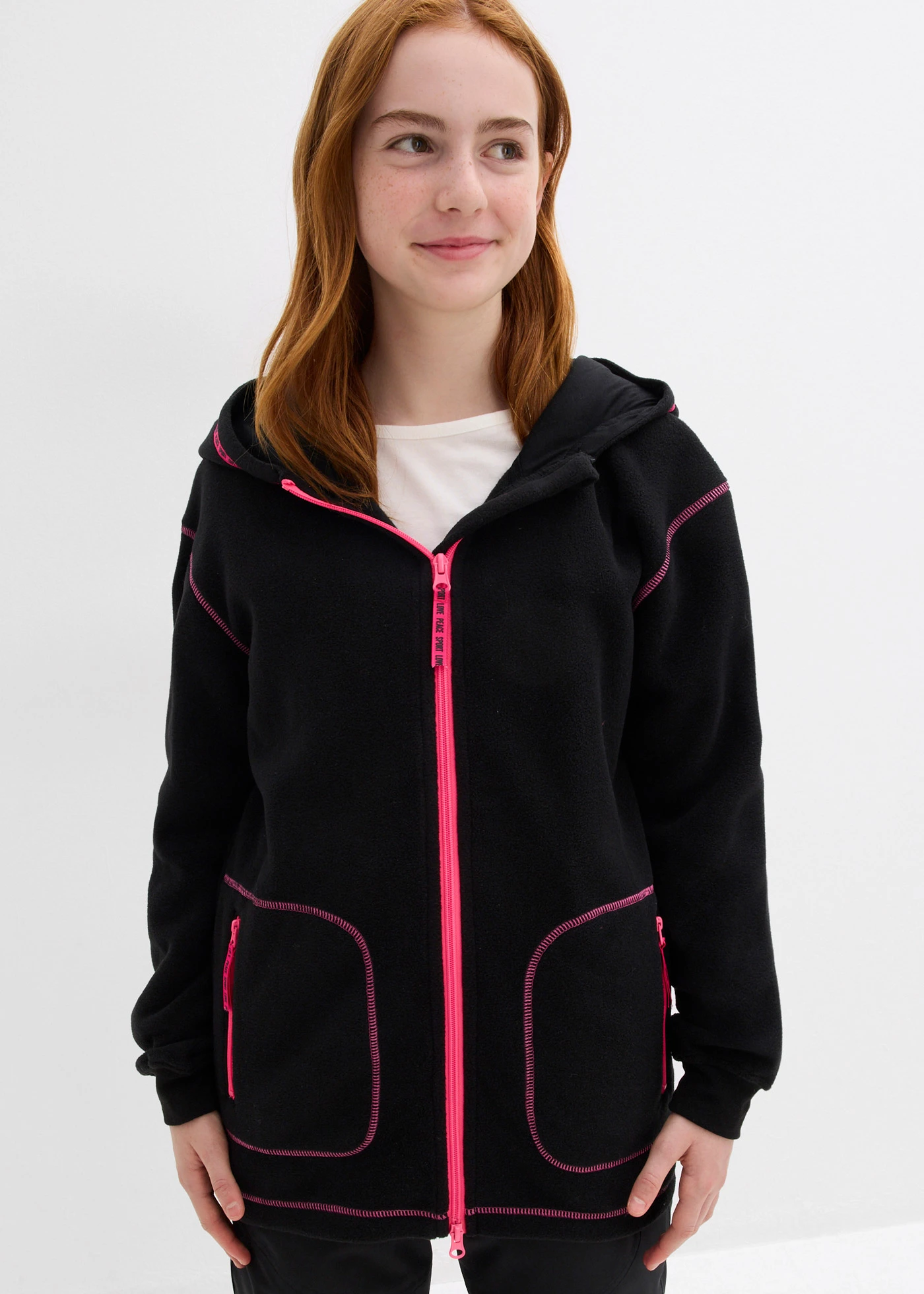 Zacht fleece vest met praktische ritssluiting • zwart-neonpink • bonprix online shop