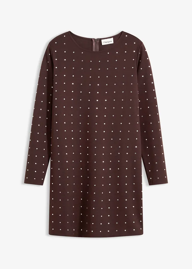 Rochie din jerse cu aplicații • maro închis • magazin bonprix