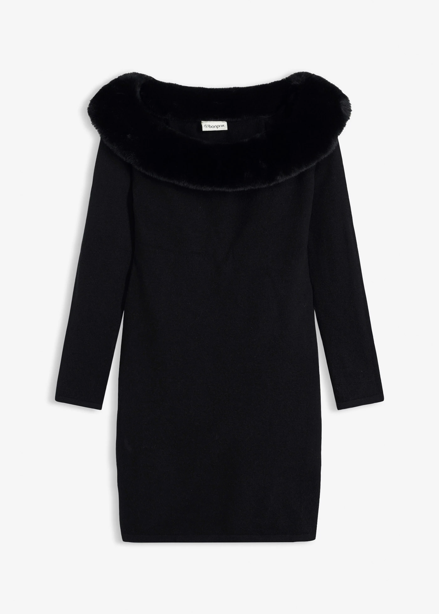 Rochie tricotată cu garnitură din imitație de blană • negru • magazin bonprix