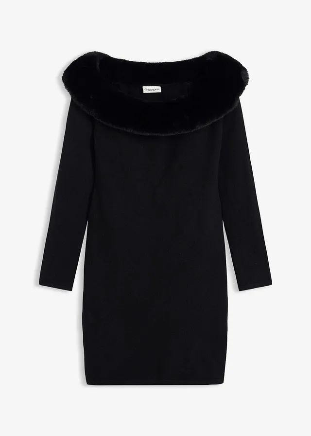 Rochie tricotată cu garnitură din imitație de blană • negru • magazin bonprix
