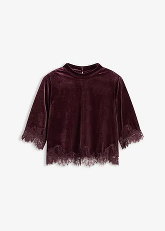 Shirt van fluweel met kant, Kleur: wijnrood