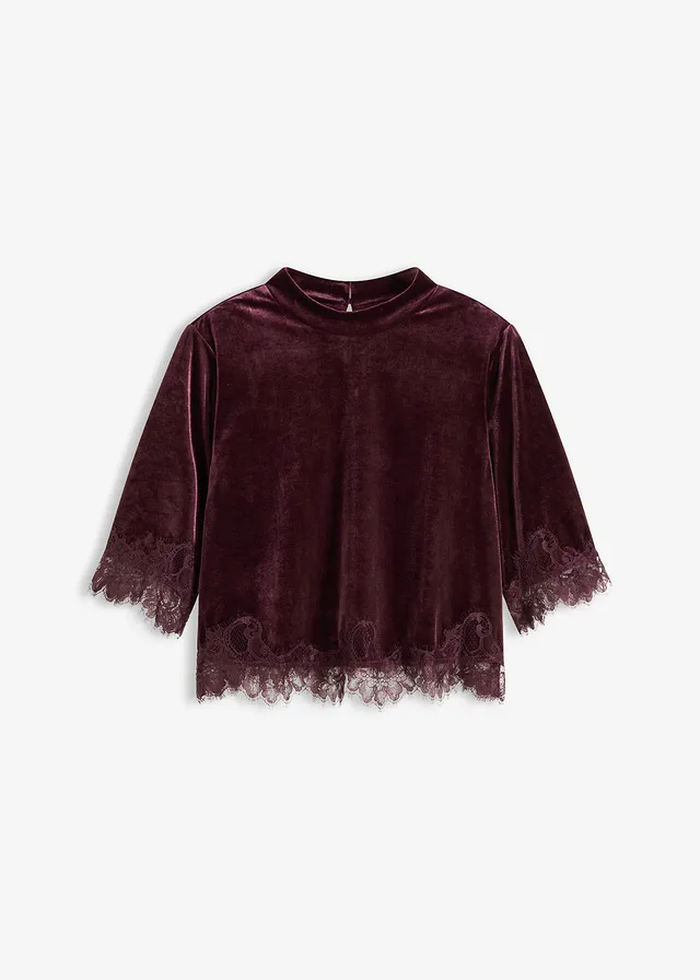 Shirt van fluweel met kant • wijnrood • bonprix online shop