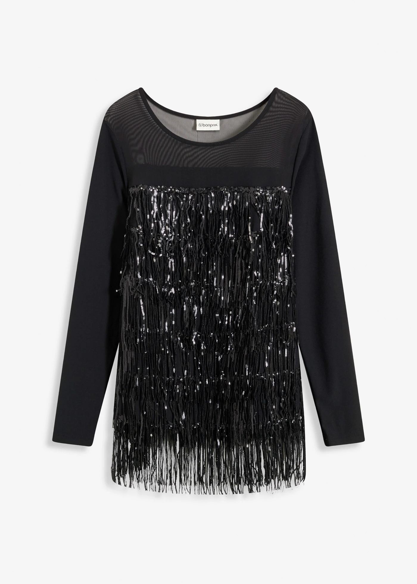 T-shirt manches longues à franges et sequins • noir • Boutique bonprix